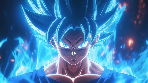 Blue haired anime warrior stands centered in glowing aura