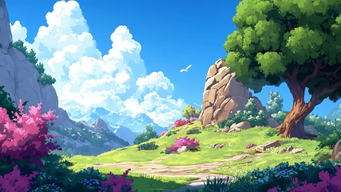 Sunny mountain meadow with rocks, tree, and clouds.