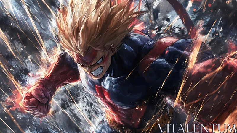 Dynamic anime hero charging forward with explosive motion lines