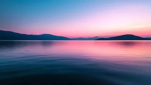 Pastel sunset over tranquil lake with distant dark hills.