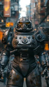 Armored exosuit soldier dominates neon urban ruins