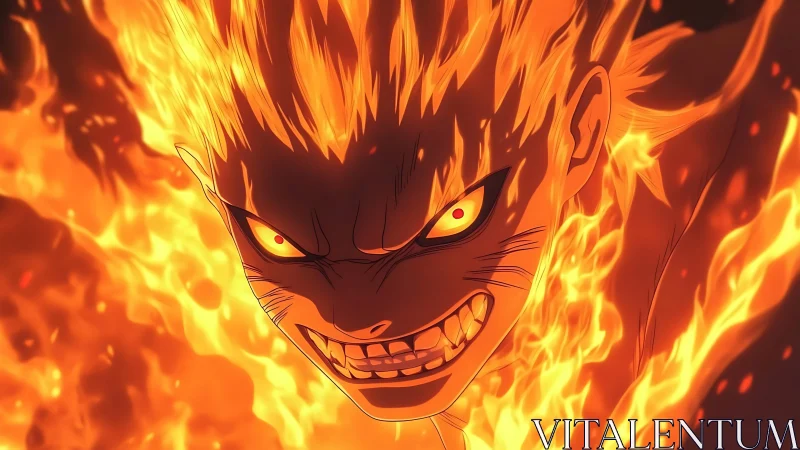 Incandescent anime flame warrior portrait with crazed snarl