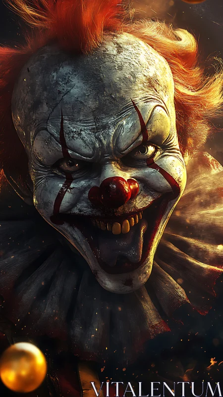 Photorealistic horror clown portrait with dramatic lighting.