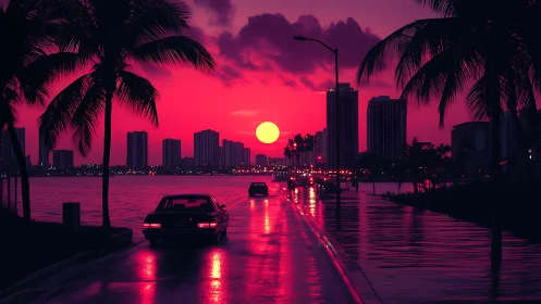 Neon sunset boulevard with palm silhouettes and skyline glow.