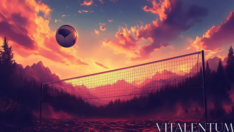 Volleyball arcs above a net against blazing mountain sunset.