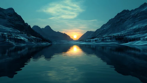 Frozen mountain lake reflects cold teal sunrise glow.
