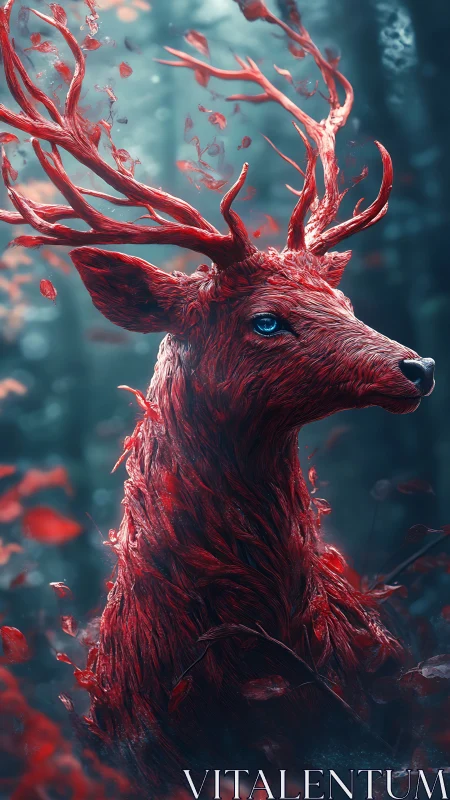 Red stag-like creature stands in misted forest environment