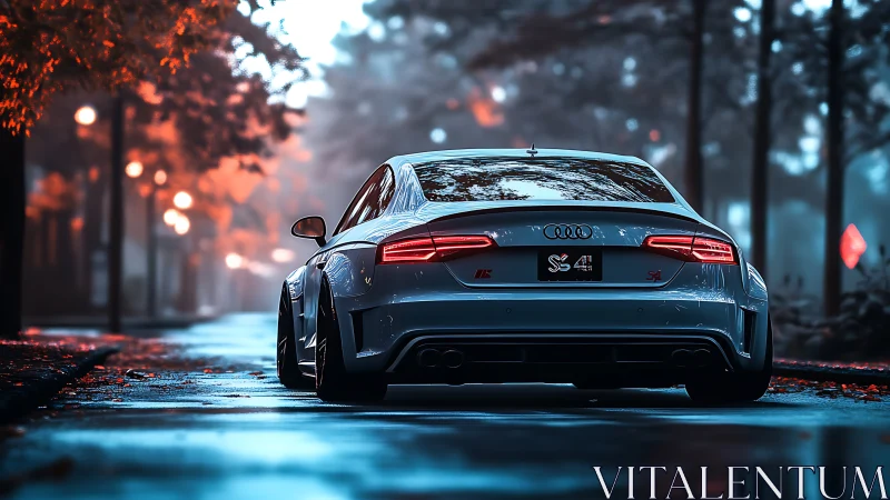 Modified Audi sedan on wet forest road at dusk in focus.