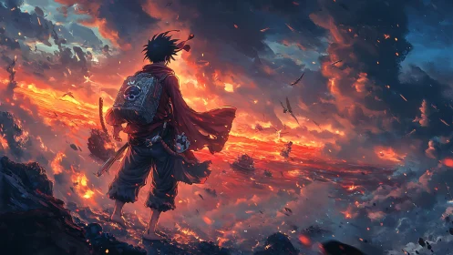 Solitary warrior overlooking incendiary oceanic battlefield.