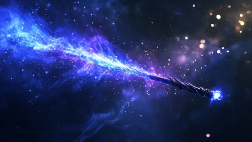 Energy-infused magic wand projects intense blue cosmic beam