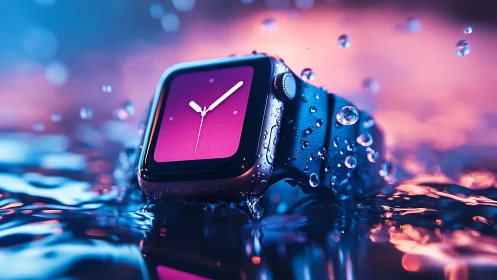 Smartwatch with neon display under dynamic water splash.