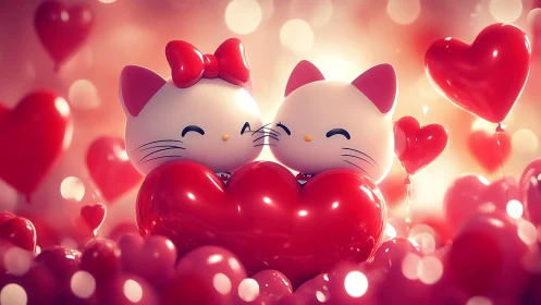 Twin Feline Figures with Heart Forms in Luminous Bokeh Environment.
