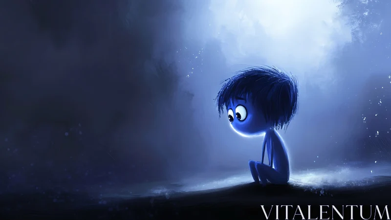 Blue backlit figure sitting alone in dark misty space.