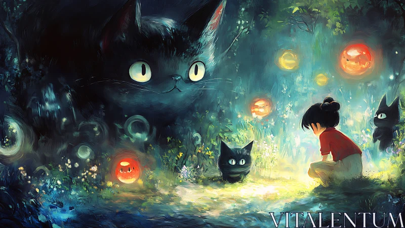 Child and glowing forest cats in a dreamy night clearing.