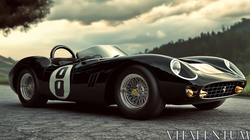 Sleek vintage race car basks in soft evening countryside light