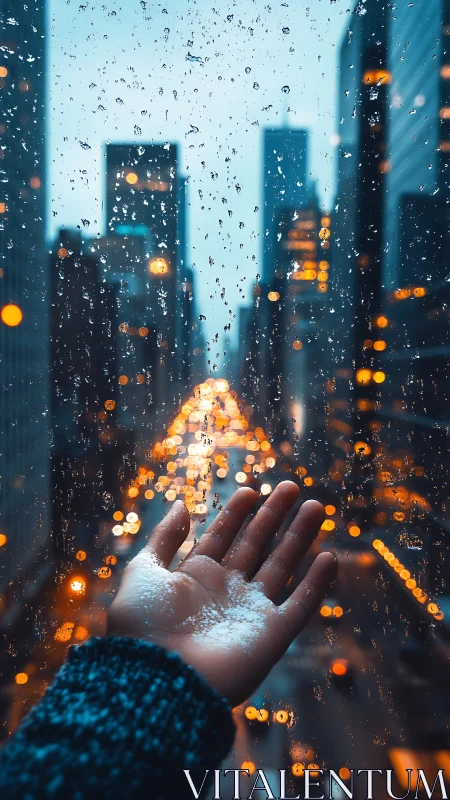 Hand with snow against rainy window over city lights.