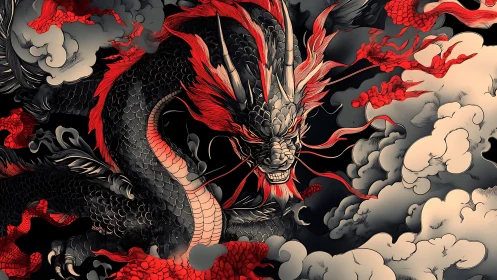 Ferocious black and red dragon coils through storm clouds.