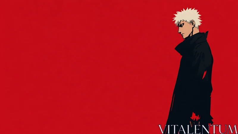 Blond anime loner in black coat against bold red field