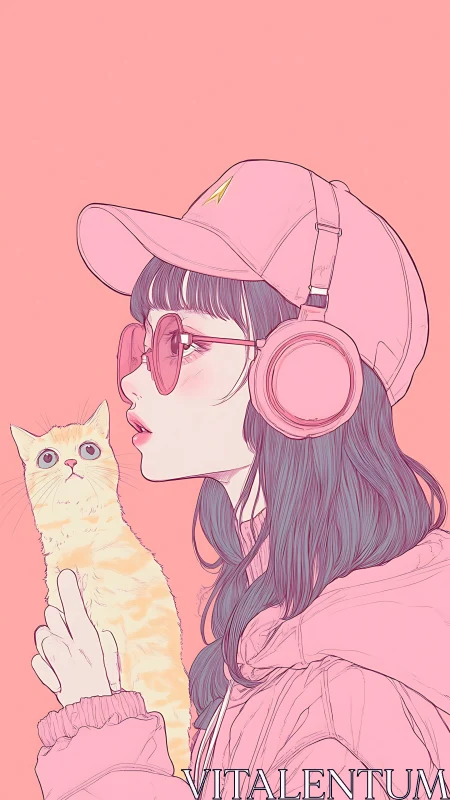 Monochrome pink girl with cat in minimalist vector style.