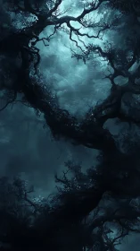 Twisted tree canopy forming irregular opening to sky.