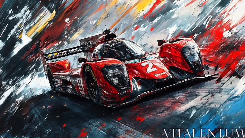 Red endurance race car charging through abstract speed storm.