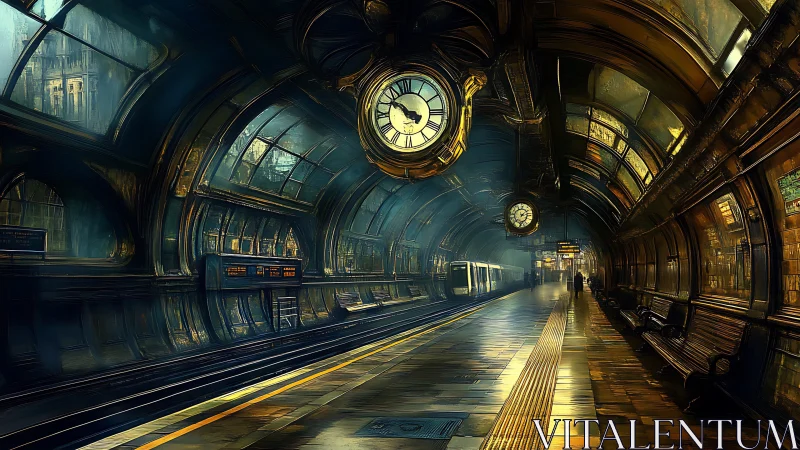 Subway platform interior shows arched tunnel and central clock