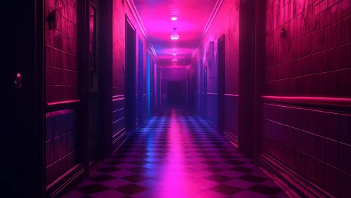 Neon hallway glows with dreamy pink and blue reflections