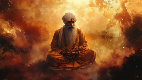 Mystic elder meditating within incandescent cosmic nebula field