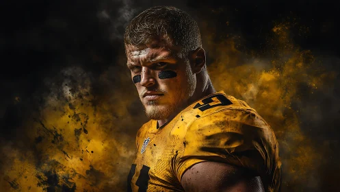 Football player glares through smoky golden battlefield haze.