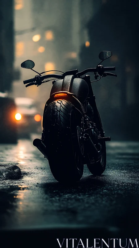 Midnight cruiser motorcycle in rain soaked city alleyway.