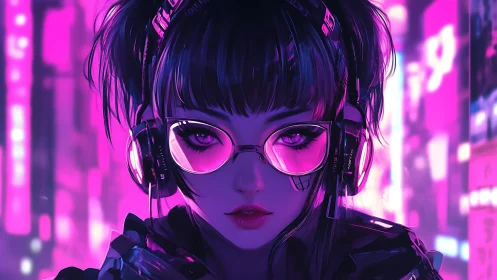 Neon city girl with glowing headphones and soft pink gaze.