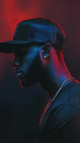 Neon rim-lit male profile in cap rendered as digital portrait