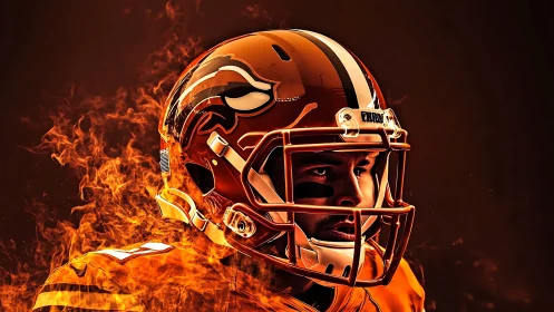 Intense gridiron portrait merges fiery effects with stylized armor rendering