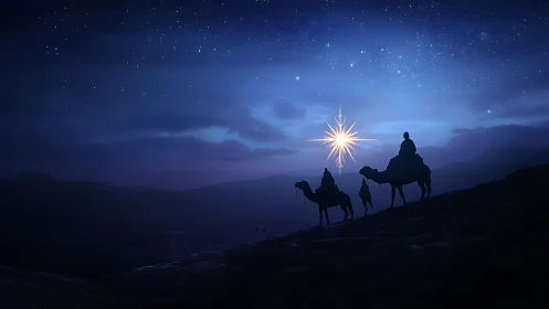 Silhouetted riders and camels under bright star at night.