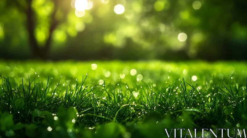 Morning dew sparkles on sunlit grass in dreamy green bokeh.