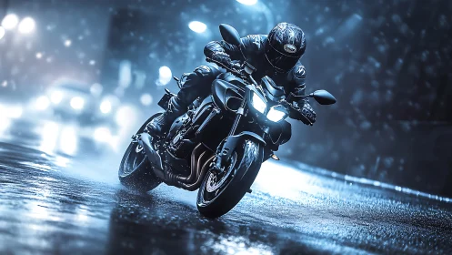 Motorcycle rider negotiates wet urban street in low light