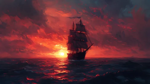 Lone tall ship sails into a blazing crimson seascape sunset