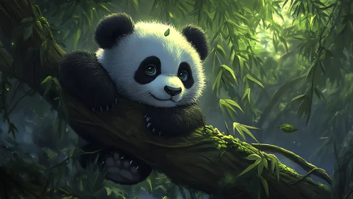 Cute baby panda resting on mossy jungle tree branch.