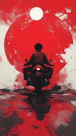 Backlit motorcyclist silhouette before red sun reflection