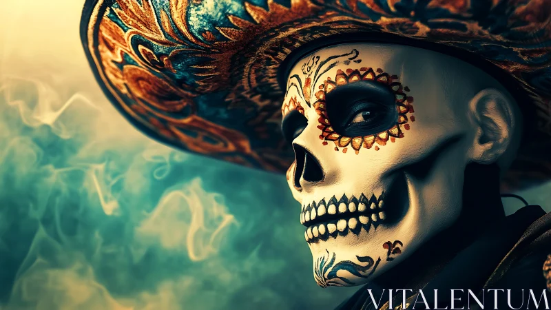 Day of the Dead skull makeup portrait in ornate sombrero.