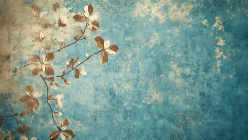 Vintage floral branch on distressed blue textured wall.