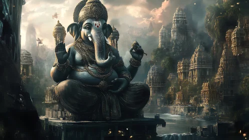 Monumental Ganesh deity in mist-laden temple megastructure.