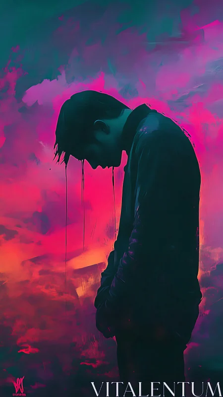 Silhouetted figure stands before saturated neon sky gradient