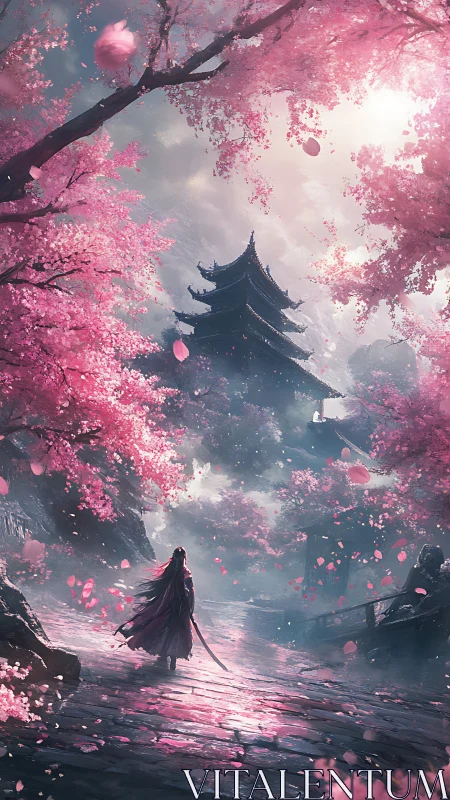 Blade-walker under cherry skies approaches misted pagoda.