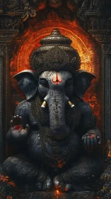 Ganesha deity idol framed by molten halo and carvings.