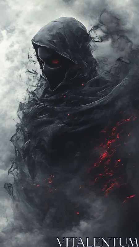 Dark hooded wraith with red embers in swirling smoke.