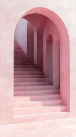 Cotton candy stairways drift upward through quiet pink arches