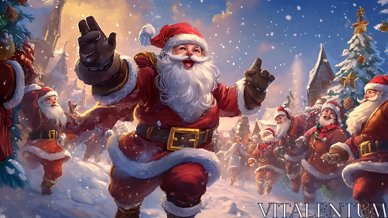 Snowy Santa parade storms a jubilant Christmas village.