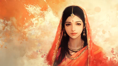 Elegant Indian Woman in Traditional Attire, Digital Art Portrait.