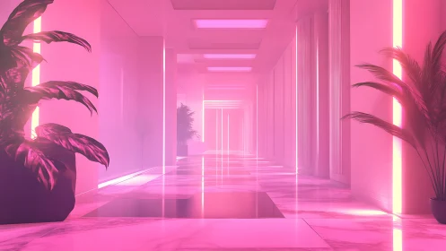 Neon-Lit Futuristic Corridor with Luminescent Neon Strip Lighting and Palm Foliage